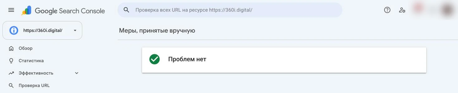 Скриншот Google Search Console: раздел «Меры, принятые вручную» с сообщением «Проблем нет»