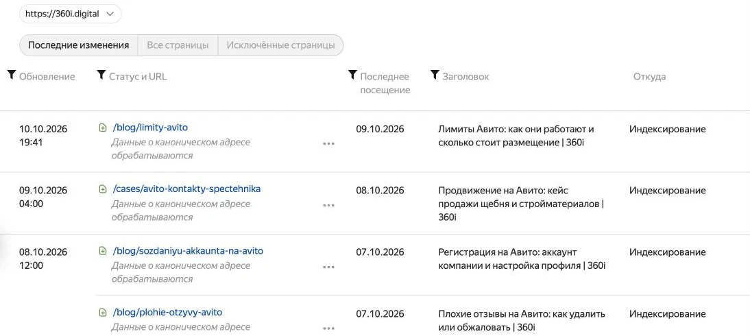 Скриншот Яндекс Вебмастера: отчёт «Страницы в поиске», вкладка «Последние изменения» с адресами и заголовками страниц