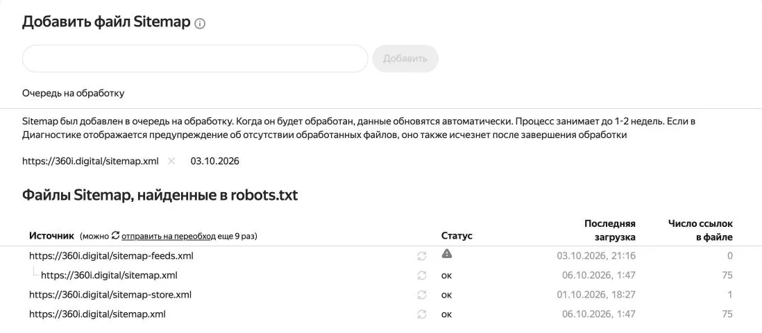 Скриншот: раздел «Файлы Sitemap» в Яндекс Вебмастере со статусами и числом ссылок