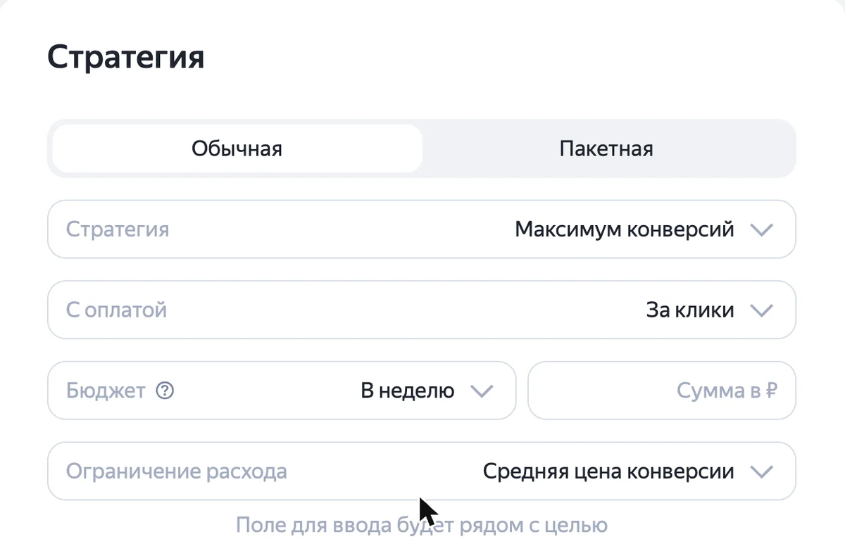 Скриншот: блок «Стратегия» в Яндекс Директе — «Максимум конверсий», оплата, бюджет и ограничение расхода