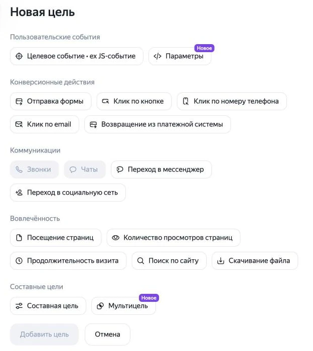 Скриншот Яндекс Метрики: окно «Новая цель» с типами «Отправка формы», «Клик по номеру телефона», «Переход в мессенджер» и «Скачивание файла»