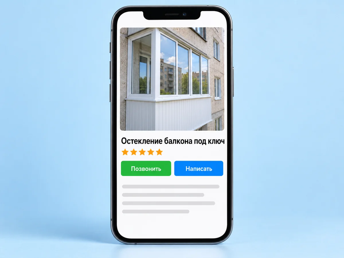 Макет объявления об остеклении балкона на смартфоне: заголовок «Остекление балкона под ключ», фото балкона, рейтинг и кнопки