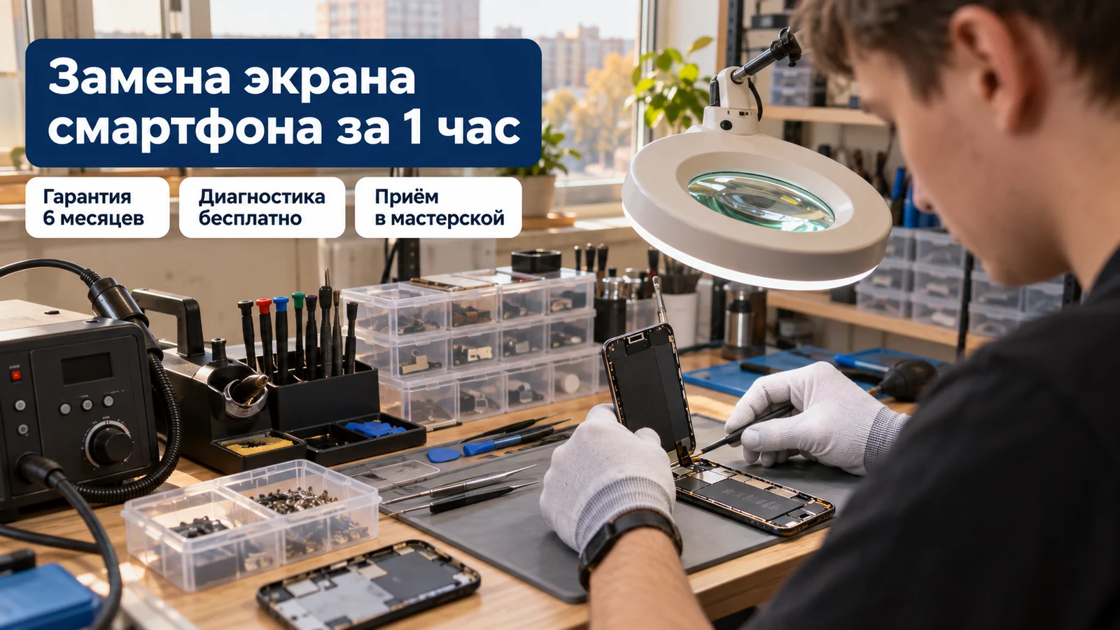 Пример главного фото объявления о ремонте смартфона: мастерская, заголовок с поломкой и сроком, плашки с гарантией и условиями