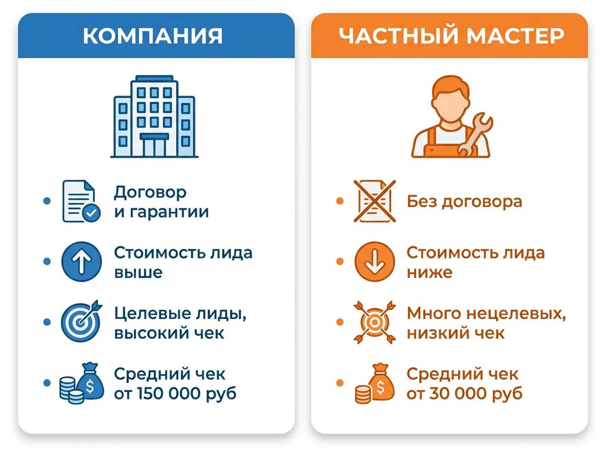 Сравнение продвижения на Авито — компания с договором и гарантиями vs частный мастер с низкой ценой