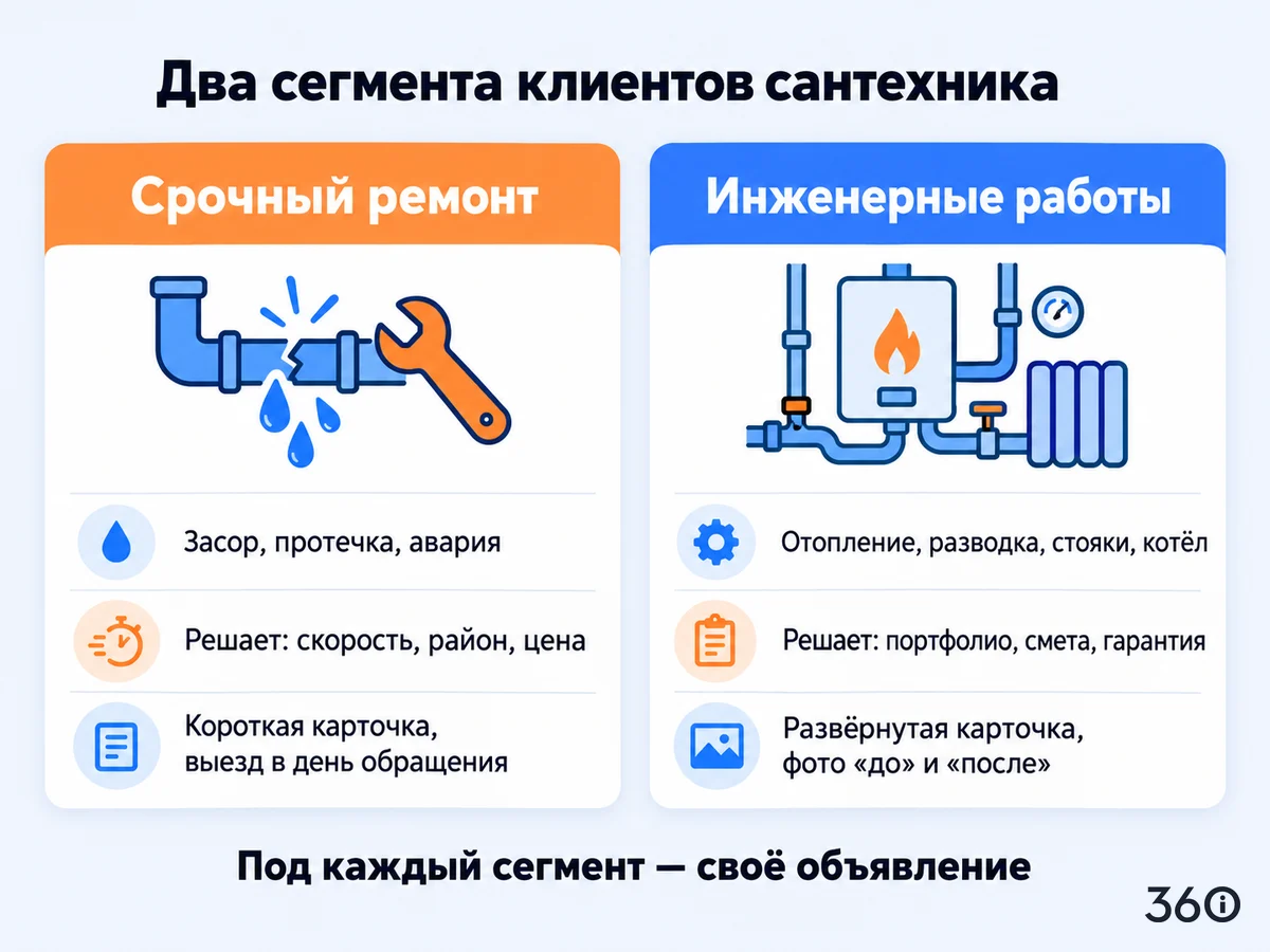 Инфографика: два сегмента клиентов сантехника на Авито — срочный ремонт и инженерные работы, под каждый своё объявление
