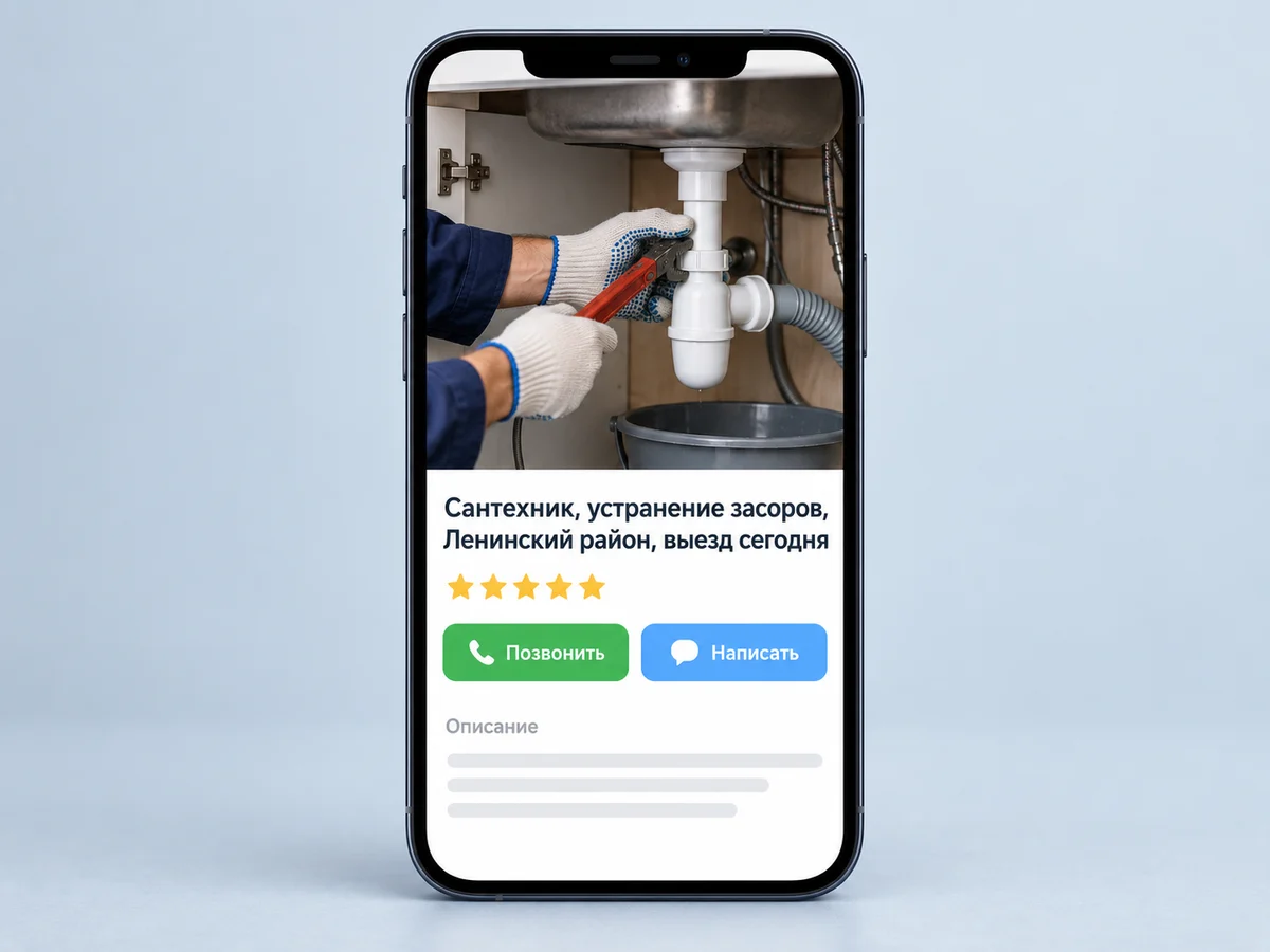 Макет объявления сантехника на смартфоне: заголовок «Сантехник, устранение засоров, Ленинский район, выезд сегодня», рейтинг и кнопки