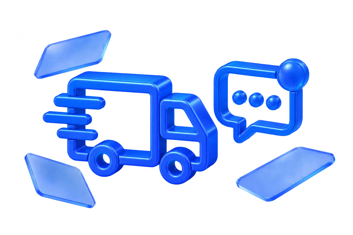 3D-иконка грузовика доставки и окна чата с новым сообщением