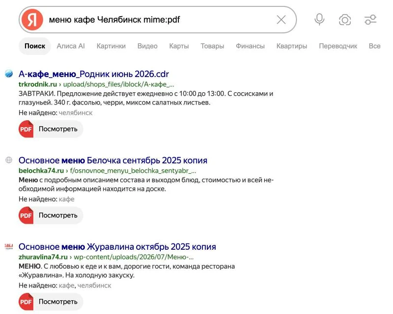 Скриншот выдачи Яндекса по запросу меню кафе Челябинск mime:pdf: в результатах только PDF-файлы с меню