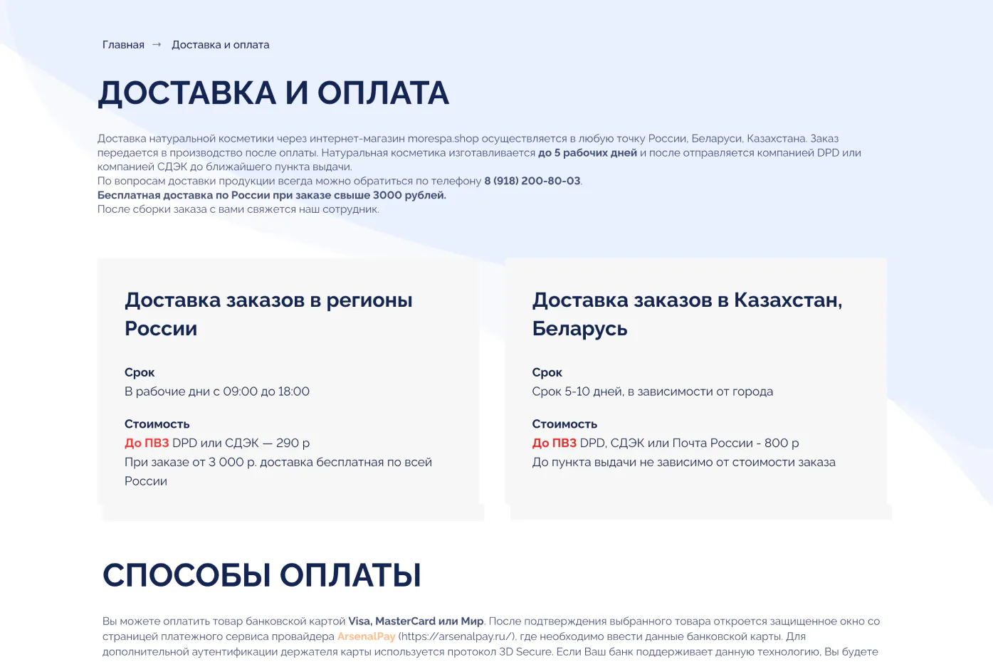 Раздел доставки и оплаты MORE SPA